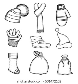 Colorful patch badges of different Merry Christmas attributes. Set of Happy New Year stickers, pins, magnets in cartoon comic style. Santa Claus Mittens, candy cane, beard, cap and bell