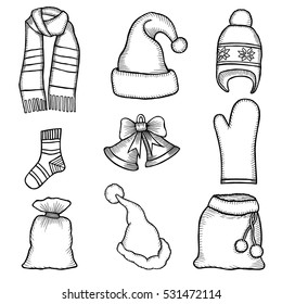 Colorful patch badges of different Merry Christmas attributes. Set of Happy New Year stickers, pins, magnets in cartoon comic style. Santa Claus Mittens, candy cane, beard, cap and bell