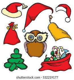 Colorful patch badges of different Merry Christmas attributes. Set of Happy New Year stickers, pins, magnets in cartoon comic style.