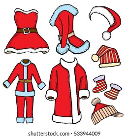 Colorful patch badges of different Merry Christmas attributes. Set of Happy New Year stickers, pins, magnets in cartoon comic style. Santa Claus costumes, caps sock