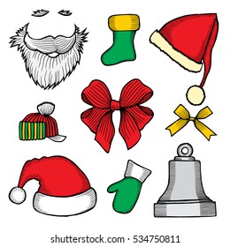 Colorful patch badges of different Merry Christmas attributes. Set of Happy New Year stickers, pins, magnets in cartoon comic style. Santa Claus Mittens, caps sock