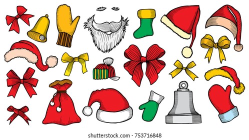 Colorful patch badges of different Merry Christmas attributes. Set of Happy New Year stickers, pins, magnets in cartoon comic style. Santa Claus Mittens, caps sock