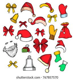 Colorful patch badges of different Merry Christmas attributes. Set of Happy New Year stickers, pins, magnets in cartoon comic style. Santa Claus Mittens, caps sock