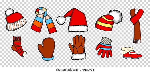Colorful patch badges of different Merry Christmas attributes. Set of Happy New Year stickers, pins, magnets in cartoon comic style. Santa Claus Mittens, candy cane, beard, cap and bell
