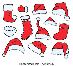 Colorful patch badges of different Merry Christmas attributes. Set of Happy New Year stickers, pins, magnets in cartoon comic style. Santa Claus Mittens, caps sock