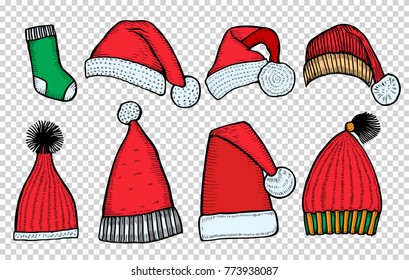 Colorful patch badges of different Merry Christmas attributes. Set of Happy New Year stickers, pins, magnets in cartoon comic style. Santa Claus Mittens, caps sock