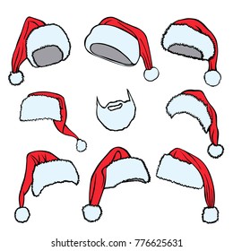 Colorful patch badges of different Merry Christmas attributes. Set of Happy New Year stickers, pins, magnets in cartoon comic style. Santa Claus Mittens, caps sock