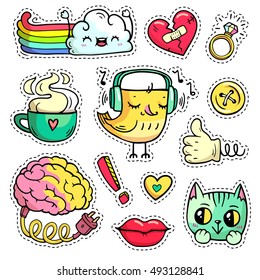 Colorful patch badges with fashion elements and animals. Hand-drawn stickers, pins in cartoon 80s 90s comic style. Set with rainbow, cloud etc. Brain with electric cable. Embroidery designs. Part 1