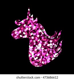 Colorful patch with unicorn heart glitter silhouette, bright colors. Background under clipping mask. Hand drawn vector Illustration for kid textile, pin, t-shirt print design. Fashion trend badge.
