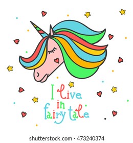 Colorful patch with unicorn, heart, star, in bright rainbow colors. Hand drawn vector Illustration with lettering for kid textile, card, pin, other design. Fashion trend badge. Fairy tale, magic.