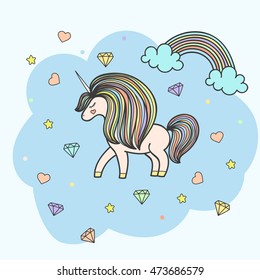 Colorful patch with unicorn, heart, star, diamond, crystal, bright rainbow. Hand drawn vector Illustration for kid textile, card, pin, t-shirt print design. Fashion trend badge. Fairy tale, magic