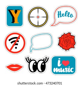 Colorful patches collection with lettering, rose flower, wi-fi, lips, cartoon eyes. Sewing decorative elements. Hand drawn vector Illustration, retro style. Fashion trend pin badges set for textile