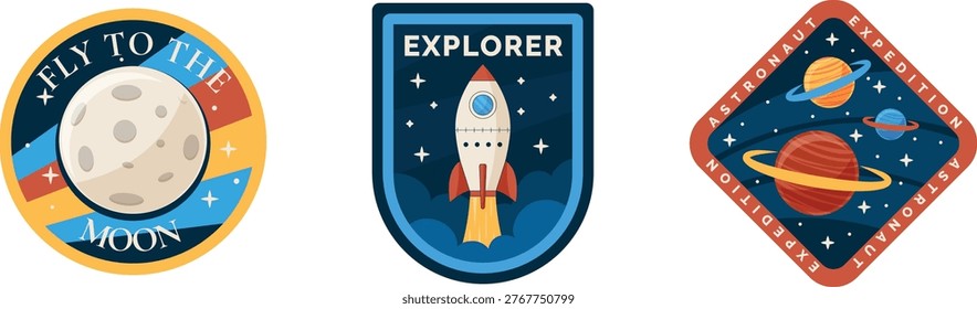 Colorful patches featuring space exploration and vintage astronaut designs