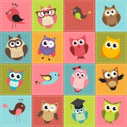 Colorful Patchwork Background With Owls