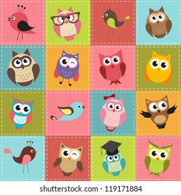 colorful patchwork background with owls