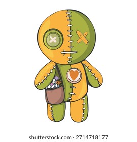 Muñeca colorida del remiendo con las puntadas y el bolsillo del corazón, ilustración hecha a mano linda del juguete