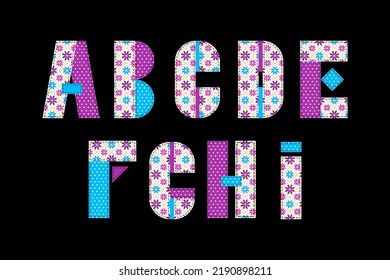 Colorful patchwork english alphabet. Isolated quilt letters for digital scrapbooking.