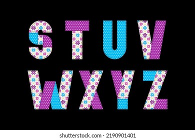 Colorful patchwork english alphabet. Isolated quilt letters for digital scrapbooking.