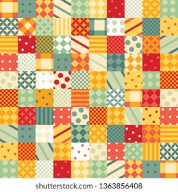 Colorful patchwork pattern. Seamless design of bright squares with geometric patterns.