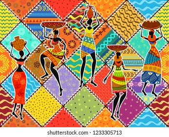 colorful patchwork seamless pattern with application dancing african womans for your design 