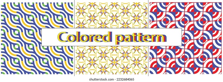 Colorful pattern. 3 pattern geometric abstract seamless pattern in yellow, blue, green and red.