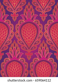 Colorful pattern with abstract fruit. Seamless filigree ornament. Pink and purple template for wallpaper, textile, shawl, carpet.