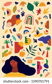 Colorful pattern with abstract stylish individual design elements and girl