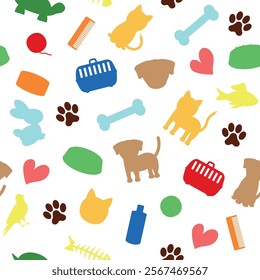 Colorful Pattern of Animals and Pet Shop Items - Colored Silhouettes of Dogs, Cats, Rabbit, Bird, Food, Toys, Bones, Stethoscope, Footprints and more. Seamless Link.