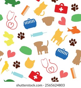 Colorful  Pattern of Animals and Veterinary Items - Colored Silhouettes of Dogs, Cats, Rabbit, Turtle, Syringe, Stethoscope, Footprints and more. Seamless Link.