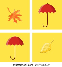 Colorful pattern with autumn leaves and red umbrellas in yellow squares. Suitable for tablecloths and wrapping paper.