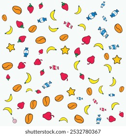 colorful pattern background with candies, fruits, nuts on white background.