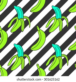 Colorful pattern of bananas on a stripes background in pop art style 