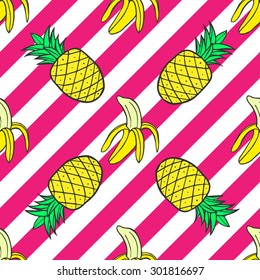 Colorful pattern of bananas and pineapples on a striped background in pop art style