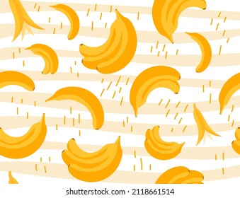 Colorful pattern with bananas. Seamless pattern with yellow fruits, strokes and stripes. Design element for printing on fabric or paper. Tropical or exotic fruit. Cartoon flat vector illustration
