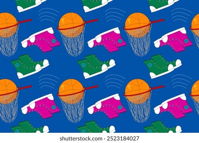 Colorful pattern of basketball shoes and hoops, perfect for back-to-school projects, sports-related designs, and educational materials.