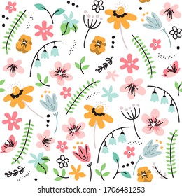 Colorful pattern with beautiful flowers and plants. Modern spring vector digital paper for print on fabric or wrapping paper. Doodle cute style for kids. Luxury blossom meadow in bright colors