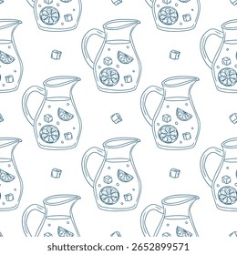 Padrão colorido de jarros de bebidas decorados com frutas e cubos de gelo, criando uma vibração de verão refrescante em design brilhante