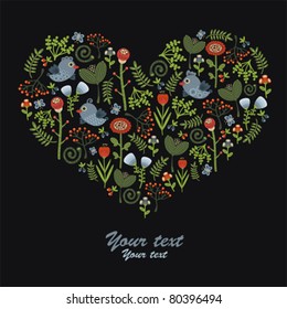 Colorful pattern with birds and flowers. Vector illustration in heart shape.