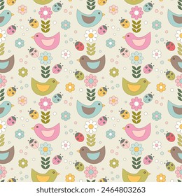 A colorful pattern with birds, ladybugs and flowers. Vector