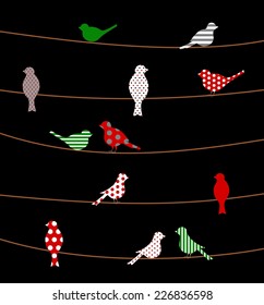 Colorful pattern birds on the wires. vector art image illustration, black background, eps10