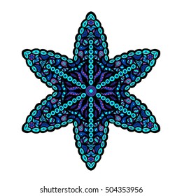 Colorful pattern with blue, black, purple elements. Floral ethnic hand drawn tribal ornament