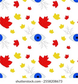 Colorful pattern with blue eyes and autumn leaves in orange and red tones