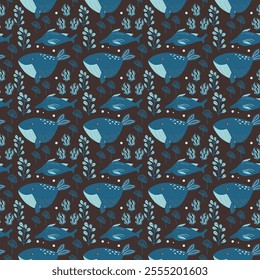 Colorful pattern of blue fish and seaweed on dark background.