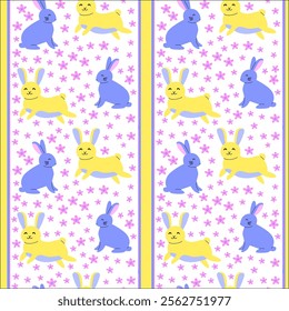 Colorful pattern with blue and yellow bunnies and pink flowers.