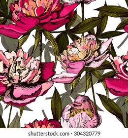 Diseño colorido con flores brillantes y hojas de peonía, ilustraciones vectoriales, dibujo a mano.