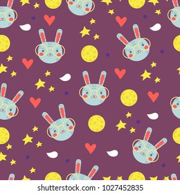 Colorful pattern with bunnies and starry night sky. Great for fabric design.