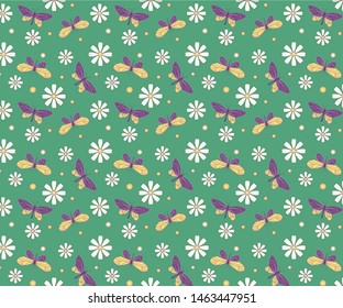 Colorful pattern butterflies chamomile peas. On green background for decorative design. Print, design element. Flat.