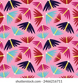 A colorful pattern of butterflies and flowers on a pink background. The butterflies are in various colors and sizes, and the flowers are also in different colors and sizes