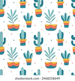 A colorful pattern of cacti and potted plants