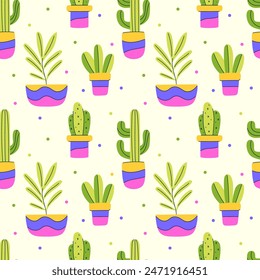 A colorful pattern of cacti and potted plants